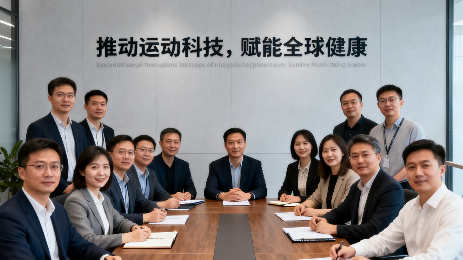 MKSports核心团队在2024年年度战略会议上的合影，12位部门负责人围坐在现代风格的会议室中，背景墙展示着品牌使命标语