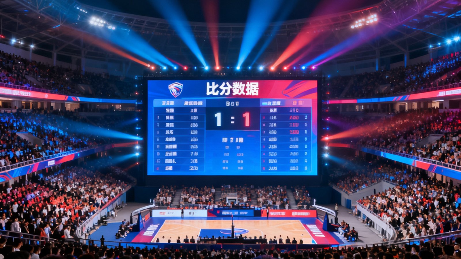 MKSports体育赛事主视觉场景：动态灯光下的竞技场馆全景，观众席座无虚席，中央巨型屏幕实时显示比分数据