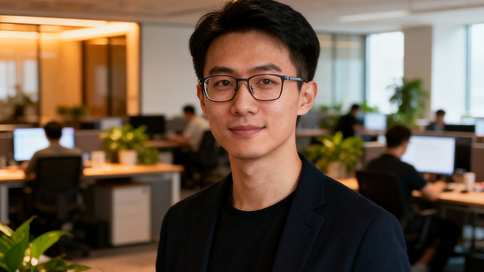 林正宇，MKSports创始人兼CEO，戴着眼镜的年轻企业家，背景是公司开放的办公区