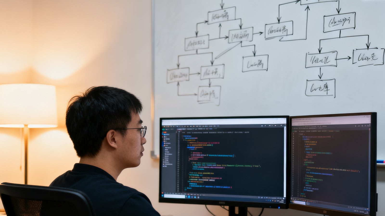 王志远，技术总监，在双屏幕前进行代码审查，身后白板上画满架构图